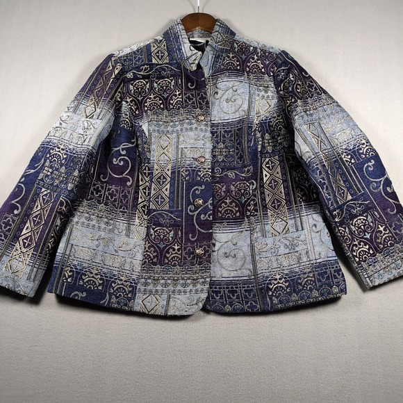 dressbarn Jackets & Blazers - Dressbarn Jacquard Tapestry Jacket SZ 14/16 Blue Silver Fleur de Lis Print